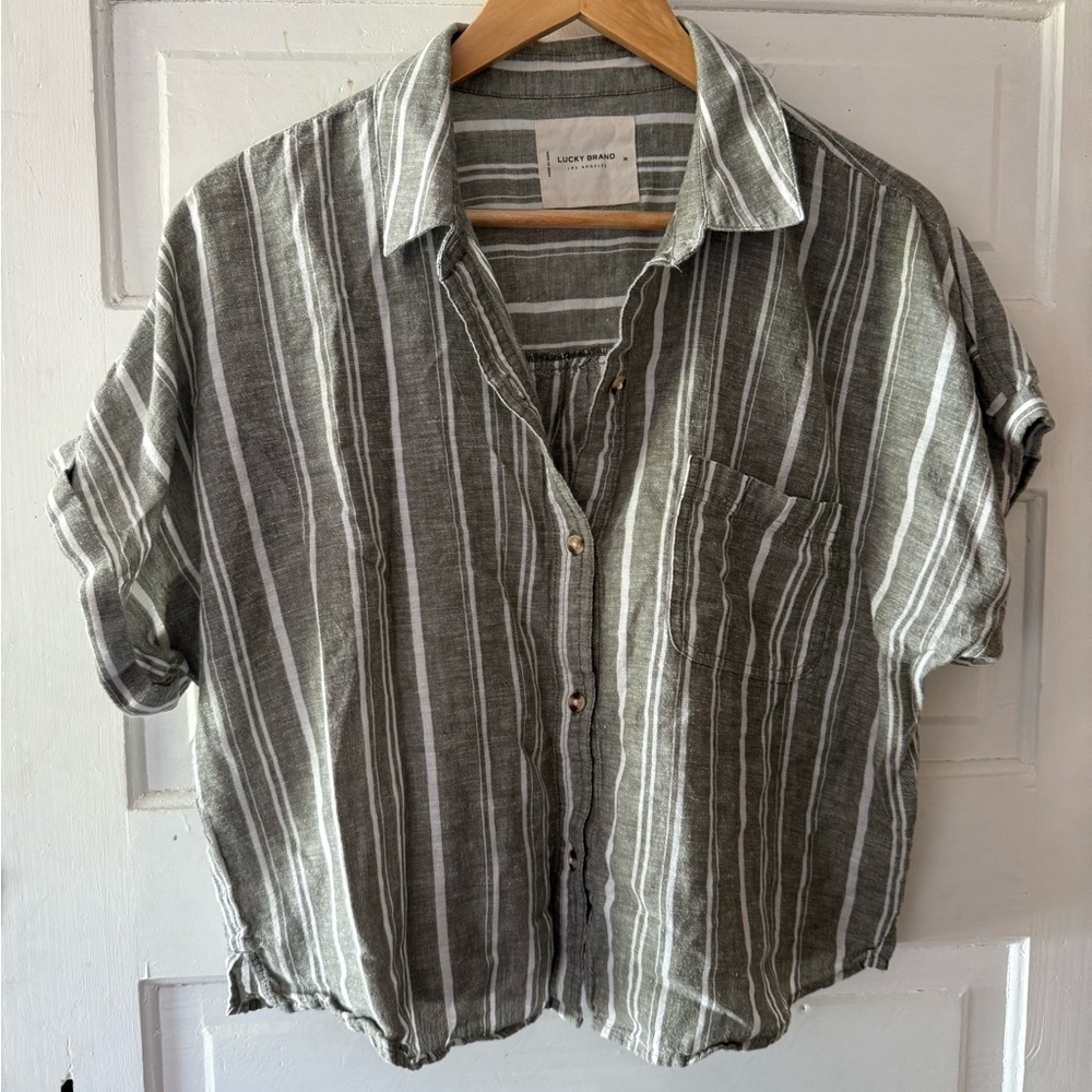 Lucky Brand Linen Green and White Striped Shirt